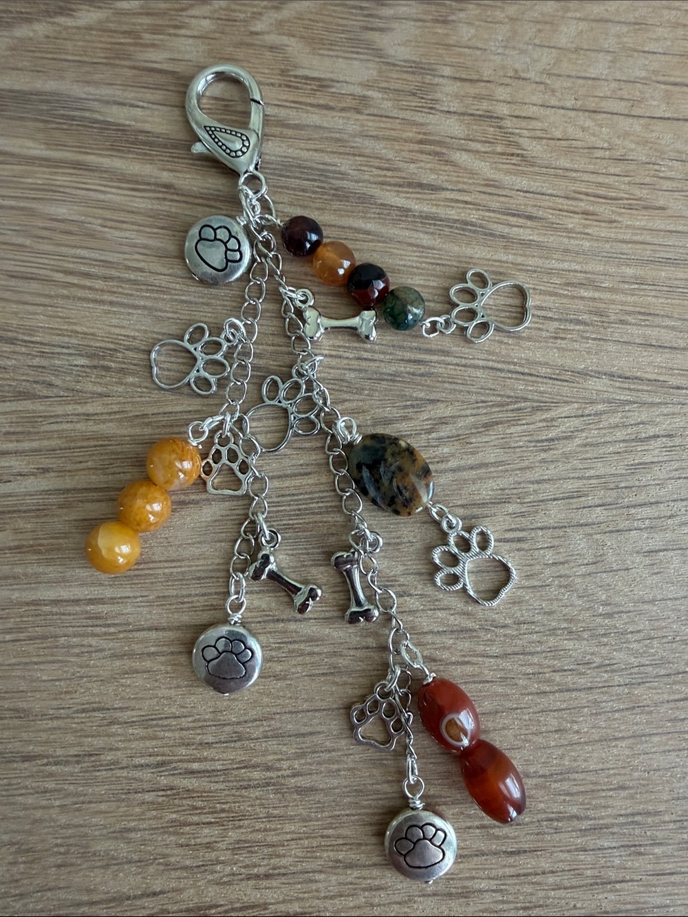 HAND CRAFTED DOG LOVER PAW PRINT CHARM KEYCHAIN Silver Chains & Earthtone Beads - Picture 4 of 7